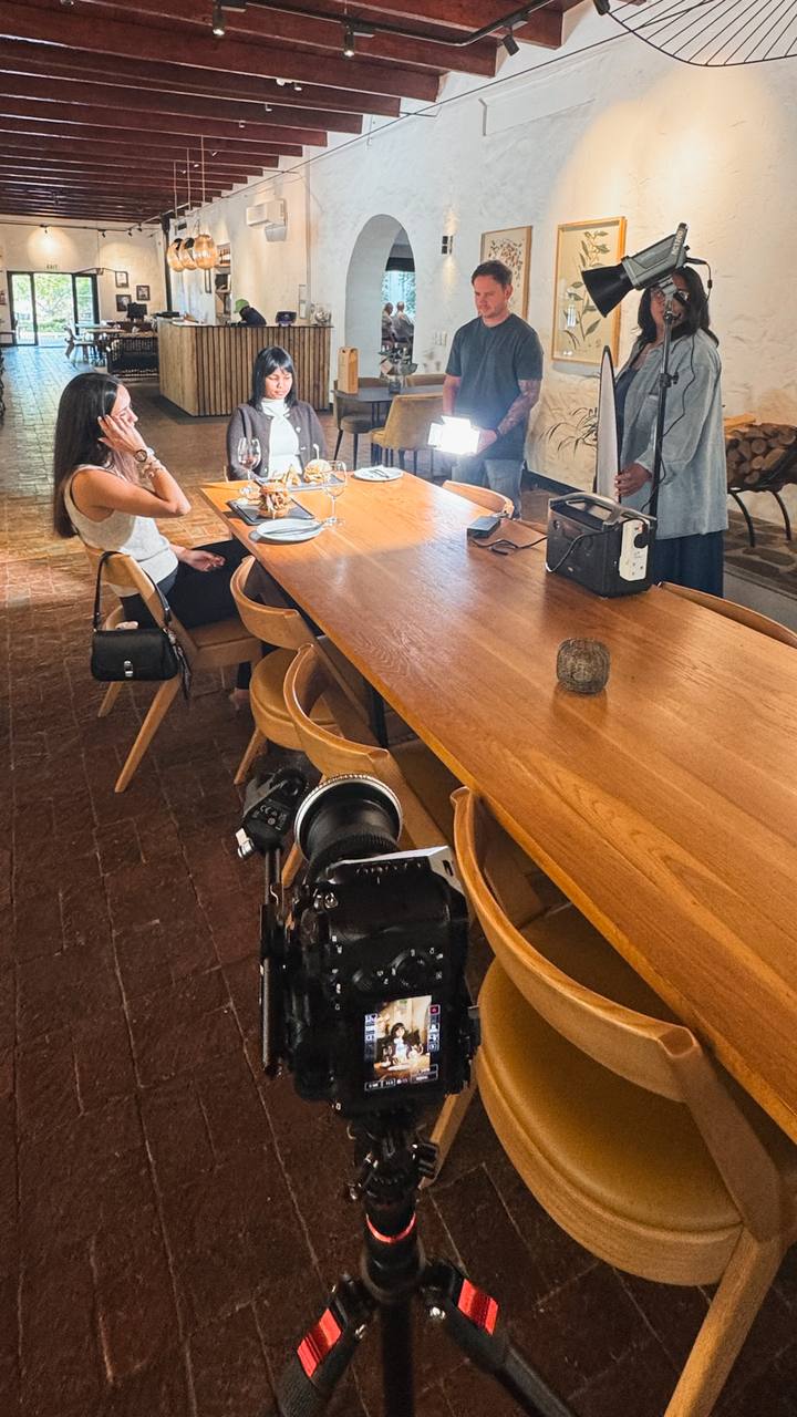 Lit interview setup on a wine estate